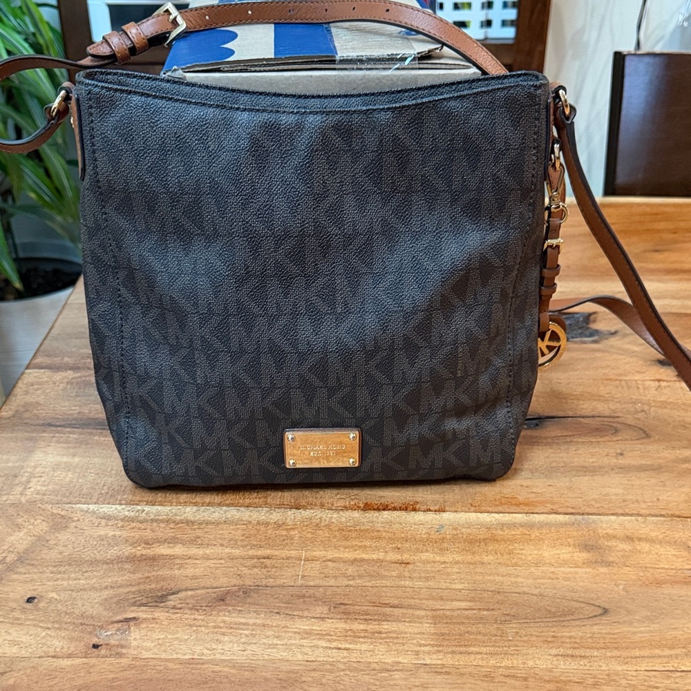 Michael Kors Dark Brown Monogram Crossbody with Tan Strap
